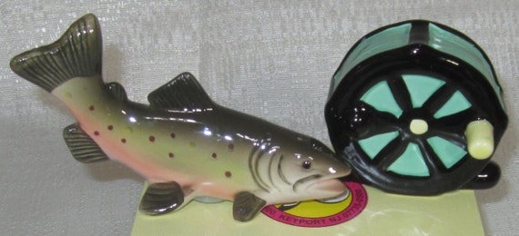 Vintage Trout and Fly Reel Fishing Salt and Pepper Shakers - 4-3/4" Long  ~ Style 386