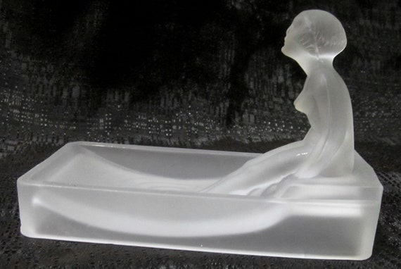 A Vintage Nude Nymph Art Deco Soap Dish or Ashtray, Jewel Keeper, or a Business Card holder 6-1/4"Long in a Frosted Clear glass.