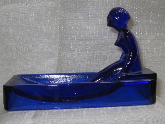 Vintage Nude Nymph Deco Soap Dish / Ashtray/Jewel Keeper/Business Card Holder  in Cobalt Blue