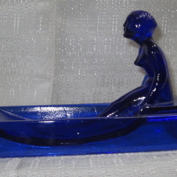 Vintage Nude Nymph Deco Soap Dish / Ashtray/Jewel Keeper/Business Card Holder  in Cobalt Blue