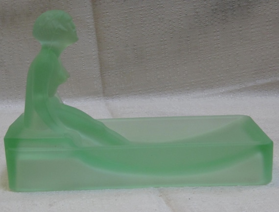 A Vintage 6-1/4" long Nude Nymph Art Deco Soap Dish, Ash Tray, Jewel Keeper, or Business Card Holder in a Depression Green Glass