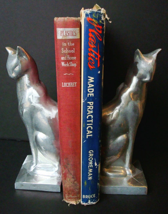 Vintage Frankart Sarsaparilla Sitting Cat Bookends ~ 8" Tall - Art Deco Sanded Aluminum - USA Made - Style #195