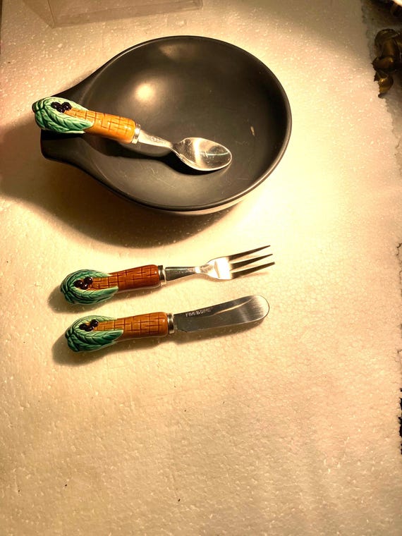 A Vintage set of Children's Silverware of PALM TREE Spoon, Knife and Fork Silverware  ~ Style #41
