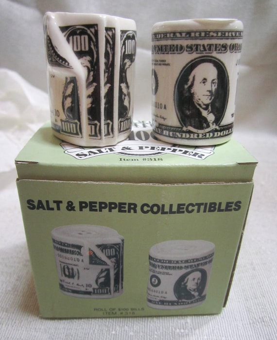 A Vintage small Pair of Ceramic Rolls of 100 Dollar Bill Salt and Pepper Shakers - Style #318