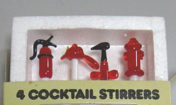 4 pcs of Vintage Fireman lead crystal glass cocktail sticks stix drink stirrers
