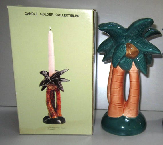 A Vintage 9" tall Ceramic Palm Tree Candlestick Holder, priced as a single candlestick