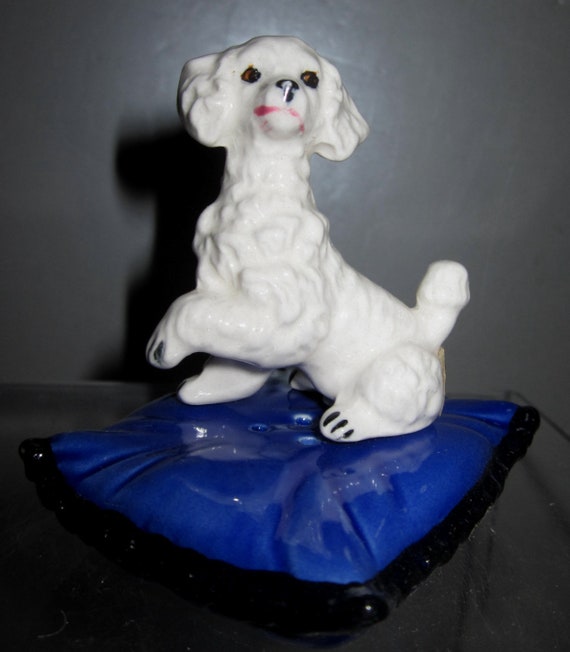A Vintage Ceramic White French Poodle Dog sitting on a Blue Pillow as Salt & Pepper Shakers ~ 3" Tall ~  Made in Old Japan ~Style #919