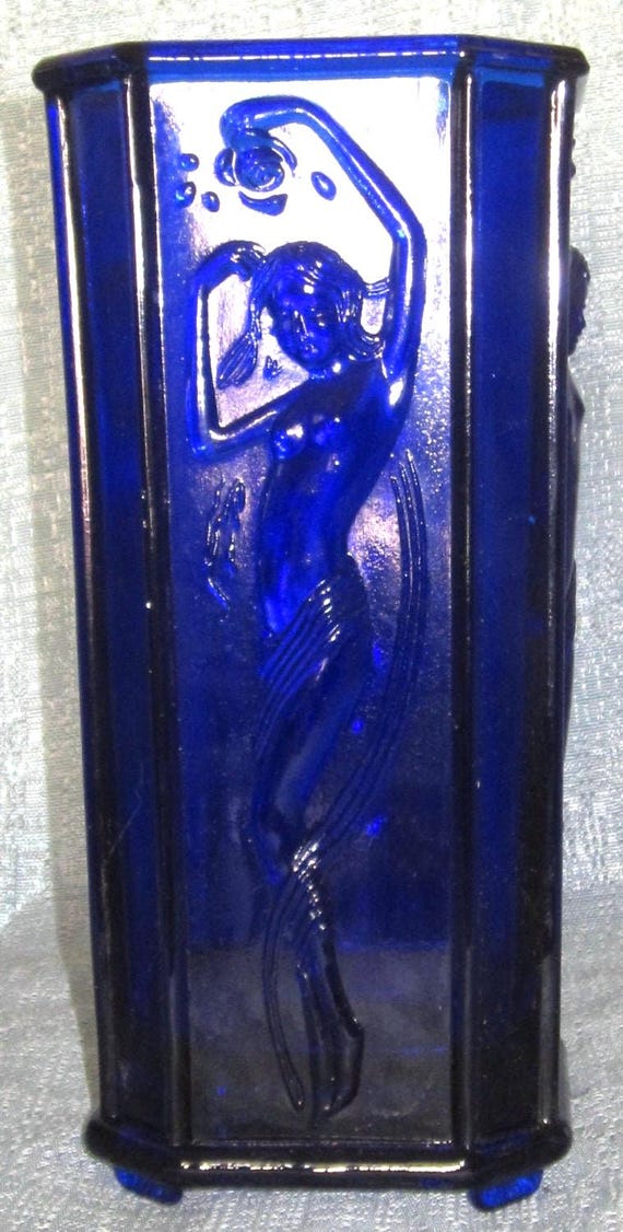 Vintage Translucent  Glass Art Deco Vase with Four Nymphs in cobalt blue glass or frosted clear, made in the USA