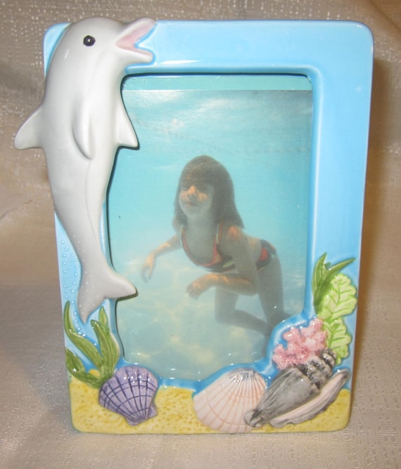 A Vintage Dolphin Picture Frame  ~ Ceramic ~ 4" x 6" photo ~ A perfect holiday gift