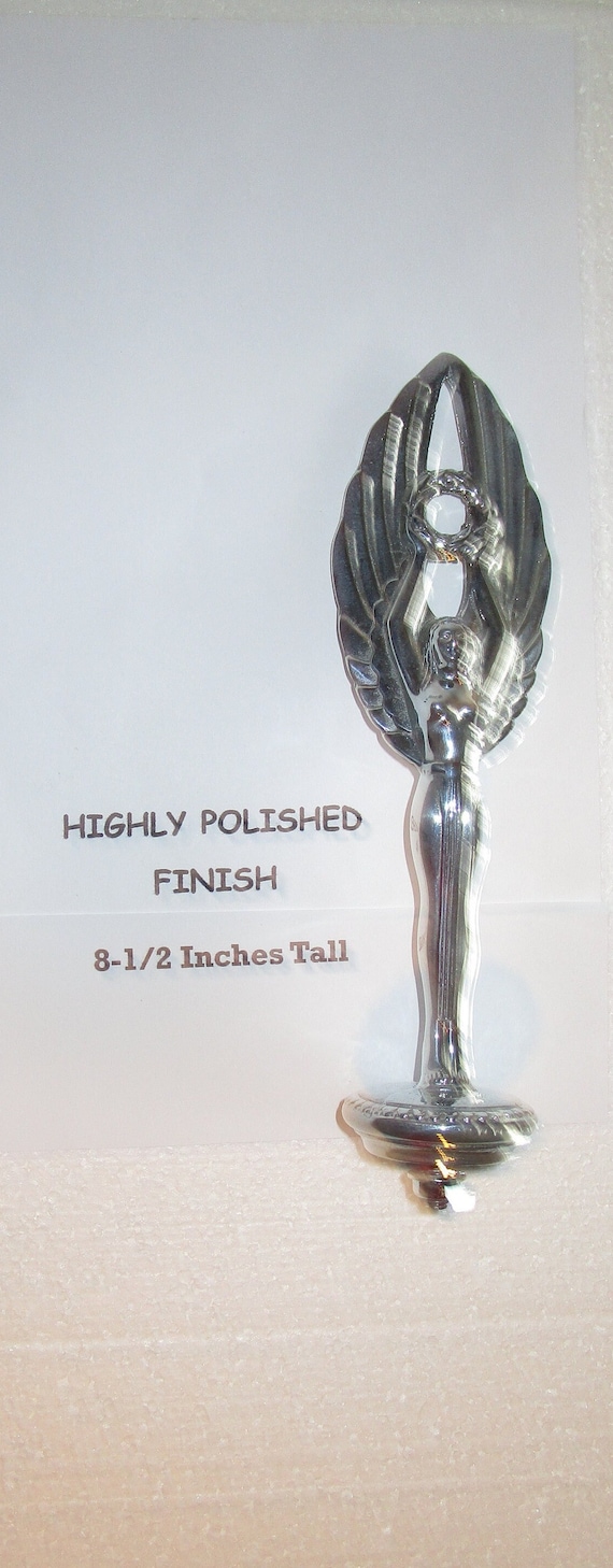 Topper of a Tall Art Deco Lady with wreath auto car hood ornament mascot 8-1/2" in several finishes, USA made