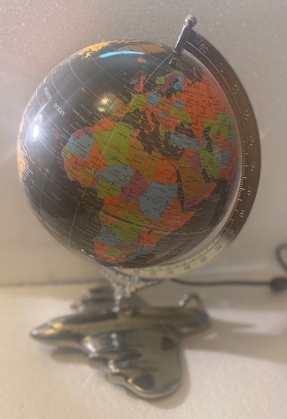 Vintage Atlas "Black" Earth Globe Lamp on a Art Deco Modern metal airplane base 120 volts