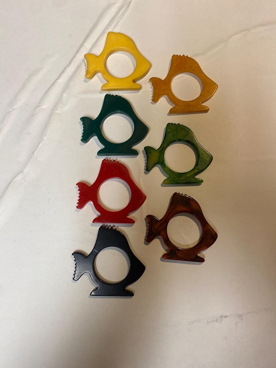 Vintage 3/16” Bakelite Large Fish Napkin Rings or Rattle Toys in assorted colors  USA