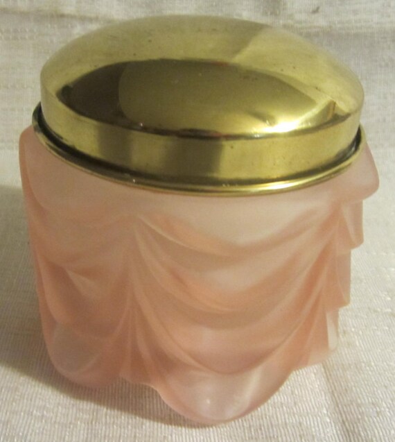 Vintage Art Deco Draped Vanity Glass Jar in Pink with brass plated Lid ~ No 310