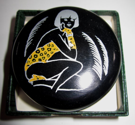 Vintage Bakelite Pill Box  A Sheba/Leopard Deco Lady by Sarsaparilla Deco Design in Black