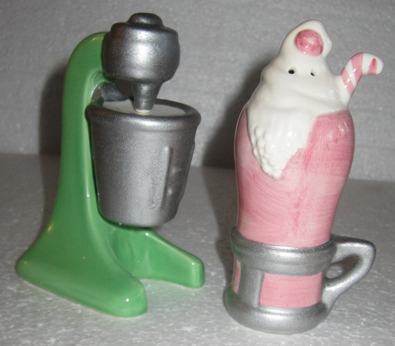 A Vintage Ceramic 1950's Malted Machine and Glass Shake Salt & Pepper Shakers ~ 4" Tall - Style #322