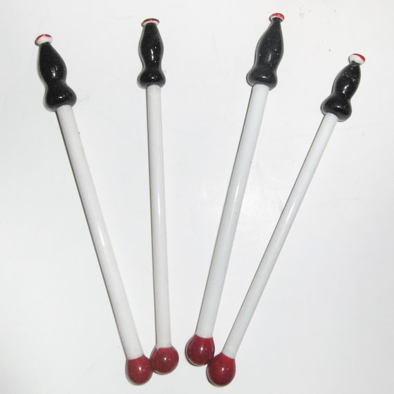 A Vintage set of 4 pcs Soda Pop Bottles lead crystal glass cocktail sticks 4 stixs stirrers flamingo