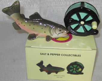 Vintage Trout and Fly Reel Fishing Salt and Pepper Shaker ~ Style 386