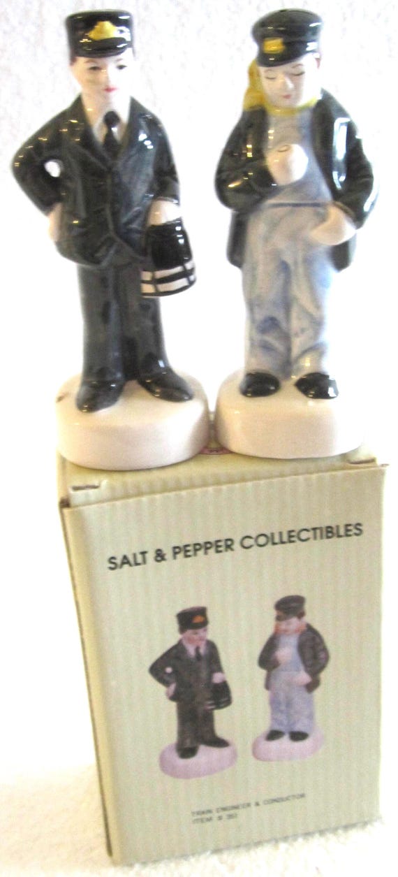 A Vintage pair of Train Engineer and Conductor Salt and Pepper Ceramic Shakers -  3-1/2" Tall - Style #351