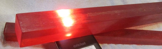 Vintage Bakelite Catalin 1 Inch Square Rod 6.75 inches long 142 grams in a Prystal Transparent Translucent Dice Cherry Red color, Rod #3