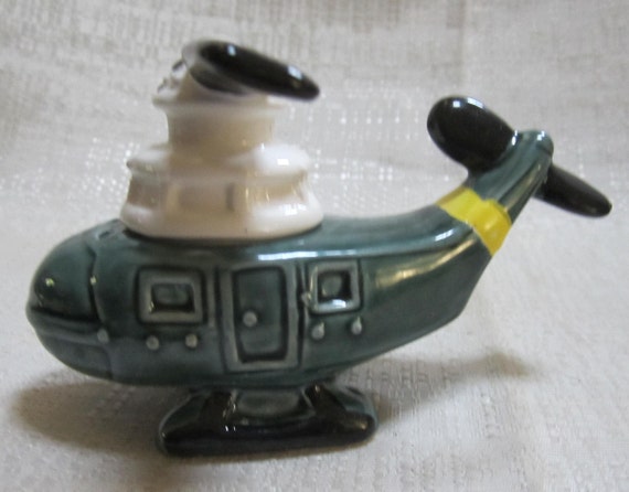 A Vintage Pair of 1960s Viet Nam Helicopter 3" Tall Ceramic Salt and Pepper Shakers - Style #473