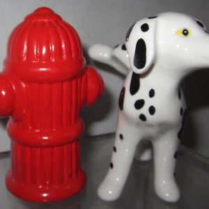 A Vintage Ceramic Dalmatian Dog with a Red Fire Hydrant 3-1/2 Tall Salt and Pepper Shaker Set Style 976A image 4