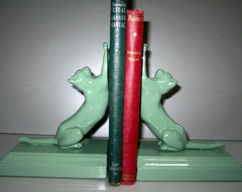 VINTAGE Frankart Style Up or Down Cat 7 inch Metal Bookends ~ Art Deco Table Moderne in Green Sold single or by the pair