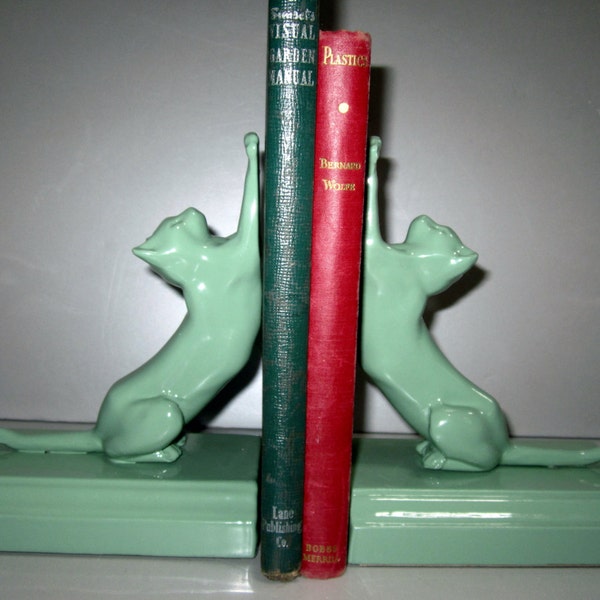 VINTAGE Frankart Style Up or Down Cat 7 inch Metal Bookends ~ Art Deco Table Moderne in Green Sold single or by the pair