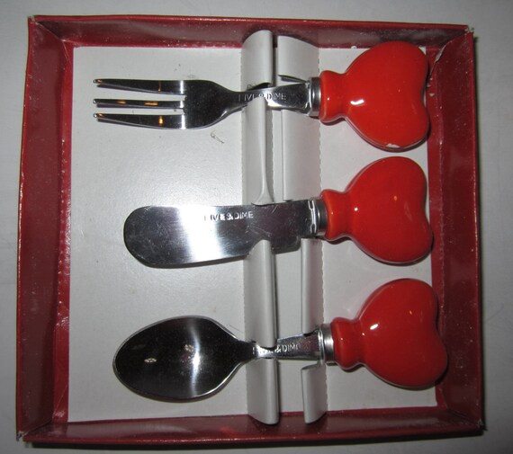 A Vintage set of 3 Red Heart Spoon, Knife, Fork for Butter ~ Cheese ~ hors d'oeuvres or Jam Spreader