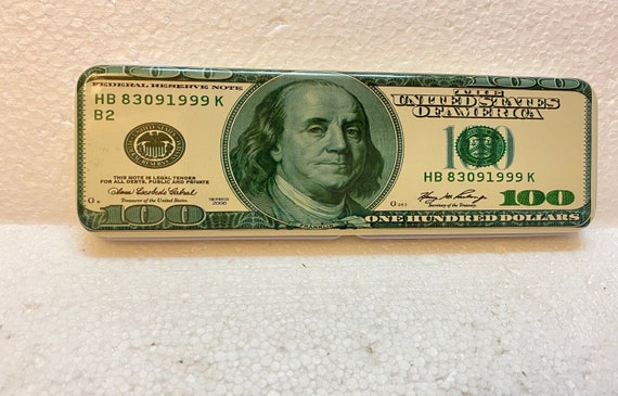 A Vintage Tin 100 Dollar Bill Pencil Case Box by Five n Dime ~ 9-1/2" long + Made in the 1980's - Style: PenBox100