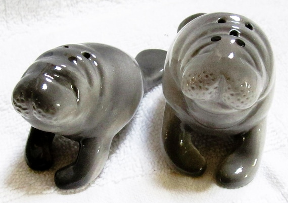 A Vintage pair of Ceramic Florida 4" Long Manatee Sea Cows Salt and Pepper Shakers Collectibles ~ Style #363