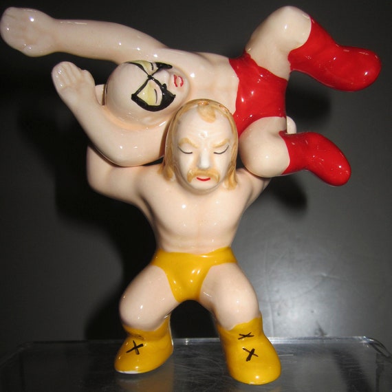 Vintage mint look alike of The Hulk as a Ceramic pair of Wrestlers as Salt and Pepper Shakers - 4.6" Tall - Style 431