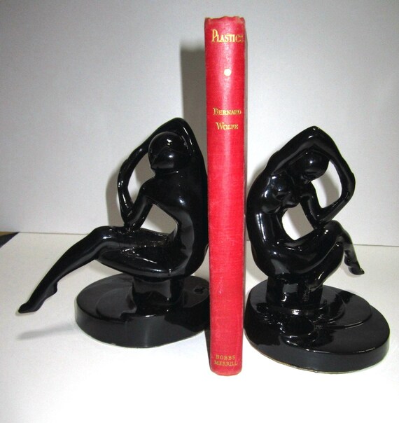 Frankart Nymph Kneeling Bookends Art Deco all metal in Finished Black ~ A Pair USA