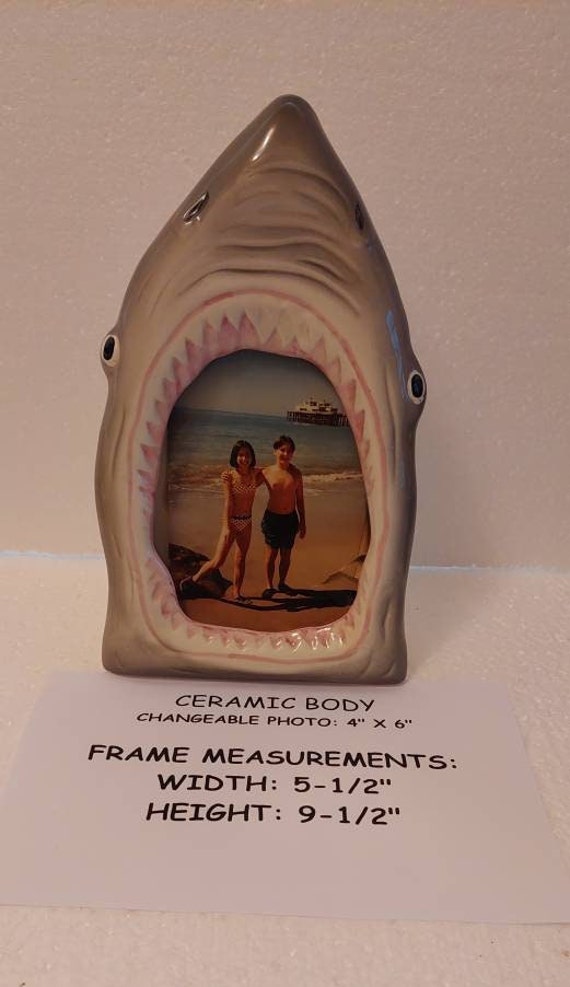 JAWS! A Vintage WHITE SHARK Picture Frame  ~ 9-1/2 inches Tall  Ceramic ~ 4" x 6" photo ~ Style #315 - A Perfect Holiday Gift