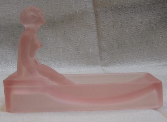 Vintage Nude Nymph Deco Soap Dish / Ash Tray/ Jewel Keeper/ Business Card Holder in Frosted Pink