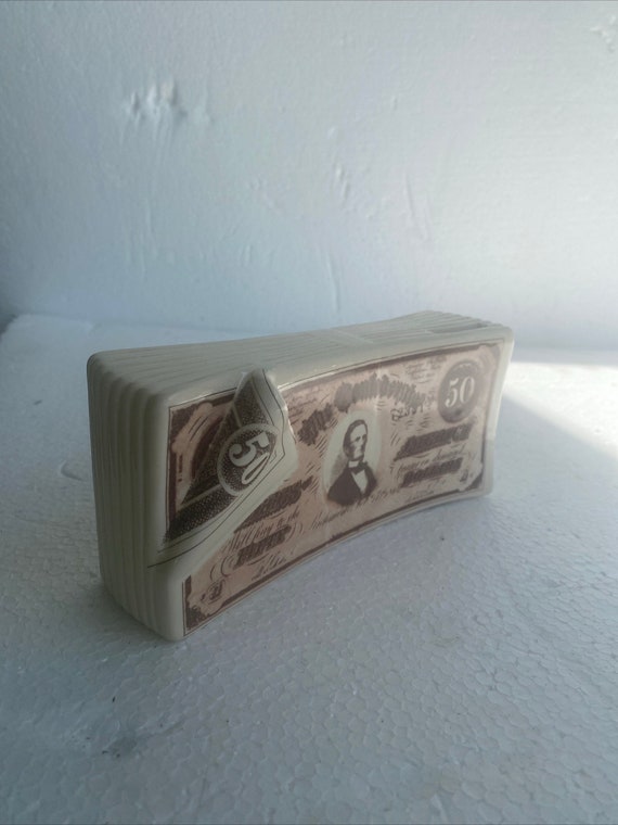 Vintage Confederate Civil War Money Bank of Jefferson Davis on a 50 dollar bill - 30 year old ceramic Bank