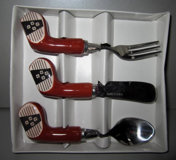 A Vintage set of Children's Silverware of a Golf Club Spoon, Knife and Fork Silverware ~ 4-3/4 Inches Long - Style #53