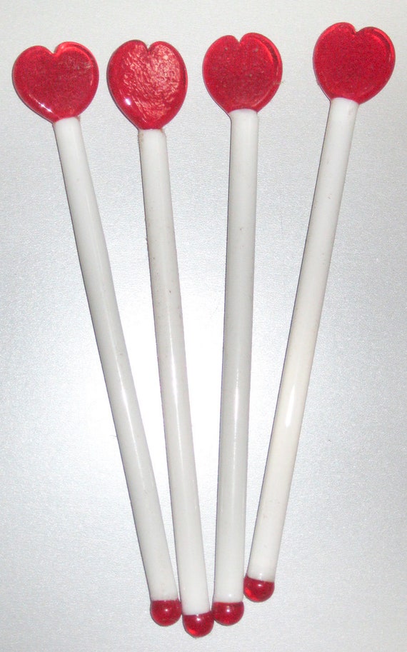 Original Red Heart Valentine Lead Crystal Glass Cocktail Stirrers Sticks Stix