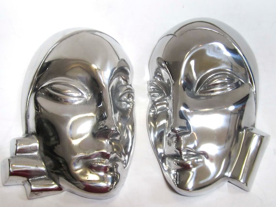 A Vintage Pair of MODERNE Woman in Love - Art Deco Faces in Wall Plaques Polished Aluminum ~ USA