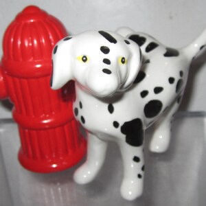 A Vintage Ceramic Dalmatian Dog with a Red Fire Hydrant 3-1/2 Tall Salt and Pepper Shaker Set Style 976A image 2