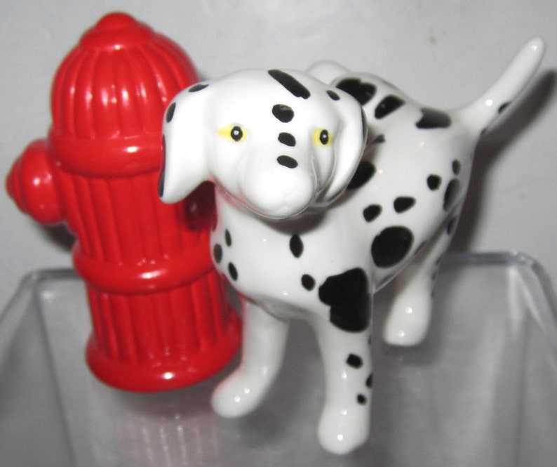 A Vintage Ceramic Dalmatian Dog with a Red Fire Hydrant 3-1/2 Tall Salt and Pepper Shaker Set Style 976A image 2