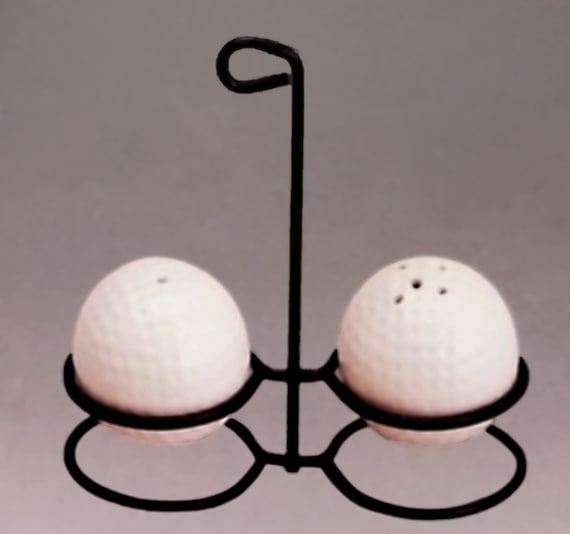 Vintage pair of Golf Balls on a Golf Club metal Stand in Ceramic and Steel 3 Piece Salt & Pepper Shaker Set ~ Style #451