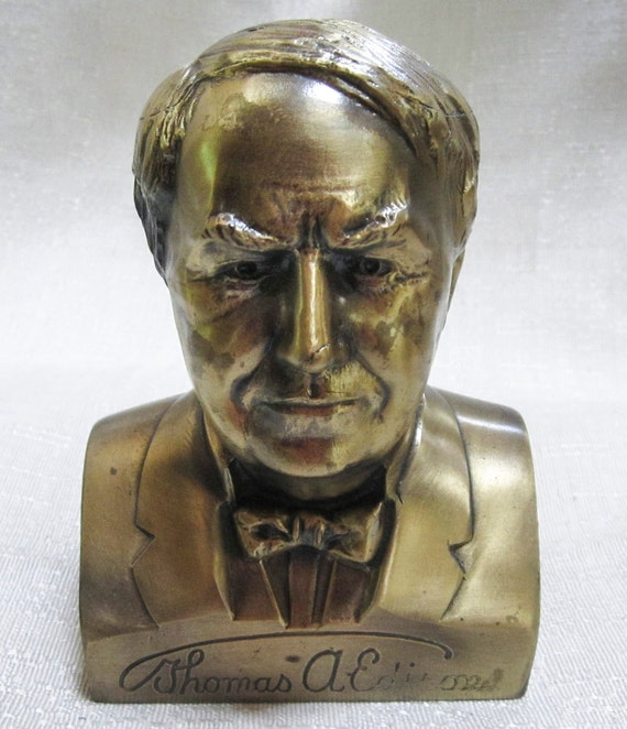 Thomas A. Edison 5" brass bust doorstop, bookend, paperweight 3 lb heavy USA