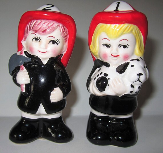 Vintage Junior Fireman Children Salt & Pepper Shakers from 1985 - NOS -  New Old Stock - Style: #435