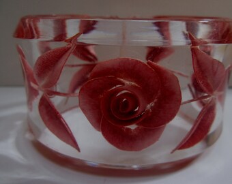 A  Vintage Large Reversed  Carved  Lucite Red Rose Oval Bracelet