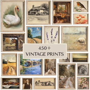 May include: A collection of framed vintage prints, featuring various landscape, animal, and still-life paintings. The prints are in neutral-toned frames, with a central banner reading "450+ VINTAGE PRINTS". The artwork includes a swan, a horse, and a lion.