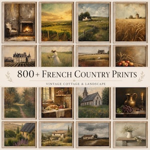 May include: A collection of sixteen framed art prints featuring French country scenes, including landscapes, rustic interiors, stone buildings, and still life arrangements, with the text 800+ FRENCH COUNTRY PRINTS VINTAGE COTTAGE & LANDSCAPE.