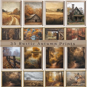 Könnte beinhalten: Eine Sammlung von 35 gerahmten rustikalen Herbstdrucken. Die Drucke zeigen Landschaften mit Scheunen, Wäldern und Gewässern in warmen Tönen von Orange, Braun und Gold. Der Text "35 Rustic Autumn Prints" ist zu sehen.