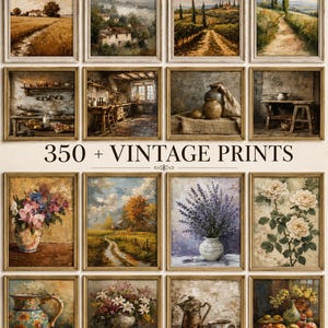 May include: A collection of 350+ vintage prints featuring various oil-style paintings of landscapes, rustic kitchens, still life arrangements with flowers, fruits, and pottery, all displayed in light-colored wooden frames.