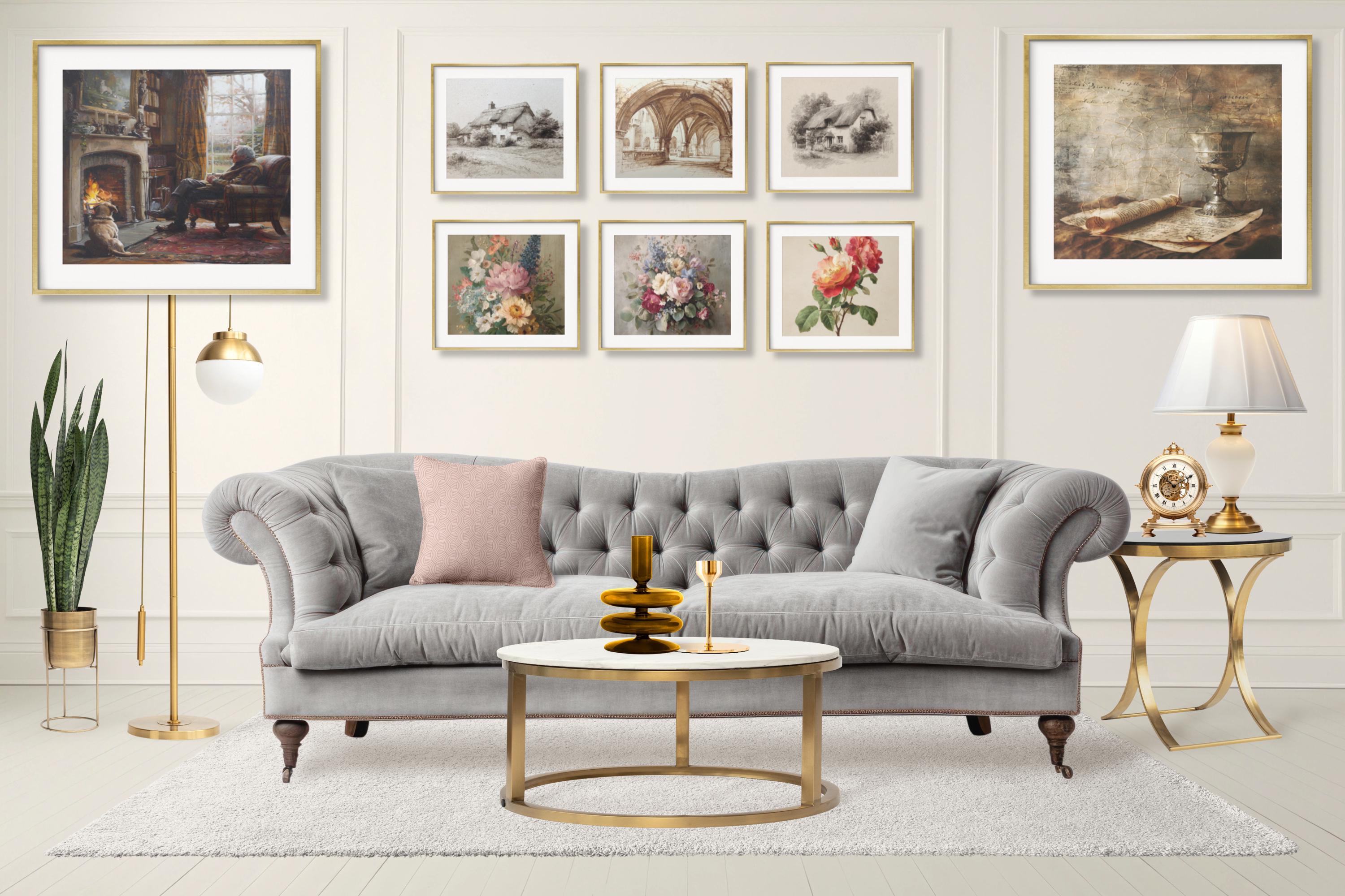 May include: A grey tufted sofa with a pink and a grey pillow, positioned before a white wall featuring eight framed art prints. A round coffee table with a white top and gold base holds a brown glass vase and a gold candle holder.