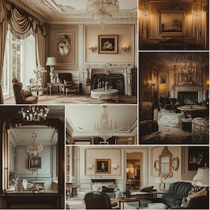 May include: A collection of images displaying opulent interior design. The rooms are adorned with elaborate features such as chandeliers, framed art, and refined furniture. The colour scheme is dominated by warm tones, with accents of gold and dark wood.